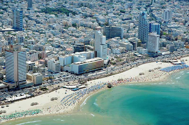 Aerial view of Tel-Aviv beach on the coastline of the Mediterranean sea. Israel.
